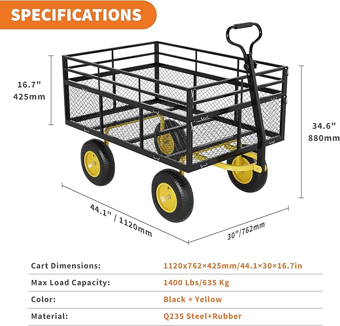 3-in-1 Heavy-Duty Steel Garden Cart, 1400 Lbs Garden Wagon, with 13 Inch All-Terrain Tires and Removable Mesh Side Panels, 180° Rotating Handle, Metal Multi-Function Carts, Outdoor Gardens Wagon Cart