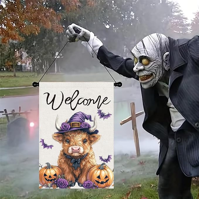 Halloween Highland Cow House Flag 28x40 Double Sided, Welcome Halloween Large Garden Flags for Outside Decor, Holiday Yard Flag Decorations for Home