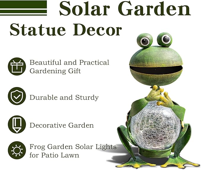 Topadorn Frog Garden Statue with Solar Lights, Outdoor Garden Metal Weatherproof Solar Frog Light Decor for Yard, Patio, Lawn, or Porch, 12" H, Gardening Ornaments Gifts