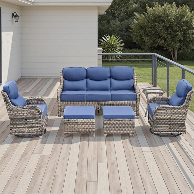 Wicker Outdoor Patio Furniture Set - 8 Piece Patio Conversation Sets with Swivel Rocker Chairs, Ottomans, Sofa and Coffee Table, 6 inch Cushions, Deep Seating, for Porch Deck Mixed Grey/Blue