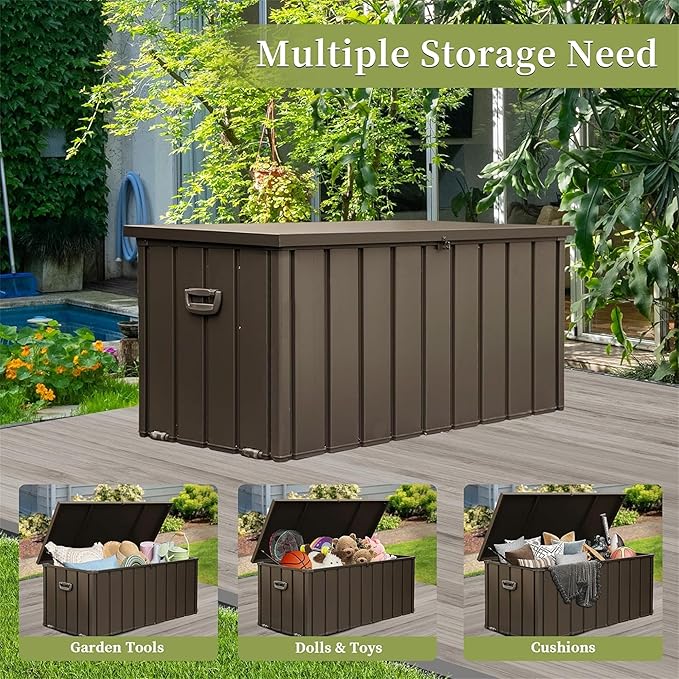 150 Gallon Outdoor Storage Deck Box Waterproof, Large Patio Storage Bin for Outside Cushions, Throw Pillows, Garden Tools, Lockable (Dark Brown)