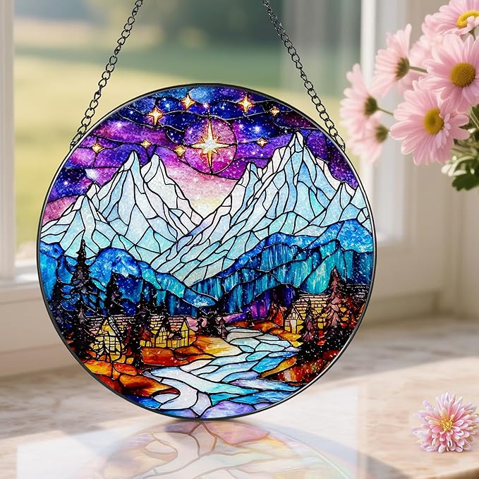 Stained Glass Window Hanging, Pauyadu 8 Inch Night Court Sun Catcher, Stained Glass Suncatcher Ornament, Suncatchers for Windows Hanging, Starlight Lover Gift, Gifts for Women, Friend, Lover