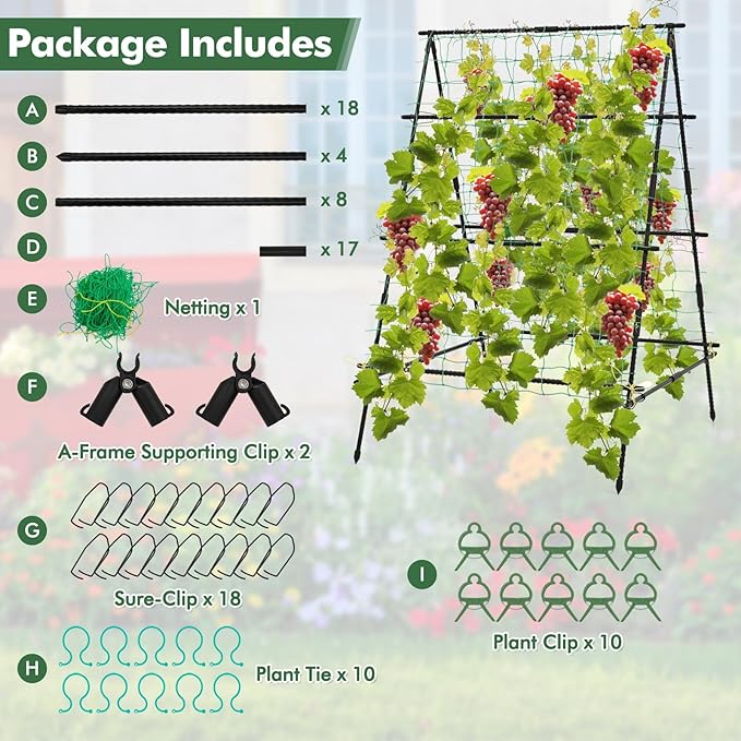 Garden Trellis for Climbing Plants Outdoor, A Frame Plant Trellis with Climbing Net, Coated Metal Poles, Twisted & Clips, Grape Trellis Plant Support for Vines, Vegetables, Fruit & Flower