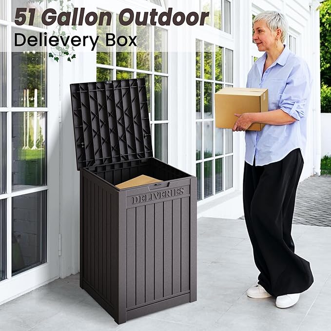55GAL Brown Outdoor Deck Box with Lock Hole - SGS - Certified UV Protection, Weatherproof for Backyard Storage, Ideal for Storing Tools and Small Items, Quick Assembly