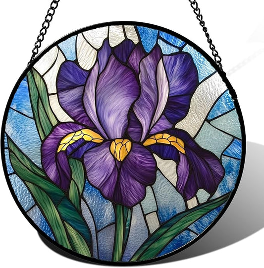 Stained Glass Window Hanging - Iris Birth Flower Suncatcher for Doors Garden Yard Purple Blue Sun Catchers Decor Christmas Mother's Day Birthday Gifts for Teacher Women Mom Nana 11.8 in
