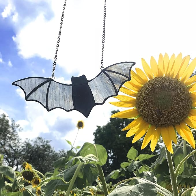 Raven on Moon Stained Glass Window Hangings,Crow Suncatcher Halloween Decorations, Handmade Raven Birds Sun Catchers Indoor Window Gothic Home Decor (Bat C)