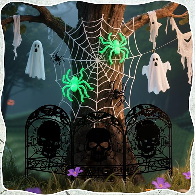 6 Pack Halloween Skull Fence Outdoor Decoration Spooky Graveyard Fence for Halloween Yard Party Decor, Black Metal Decorative Garden Stake Yard Sign for Lawn Porch, 16.5''h x 11.8''w