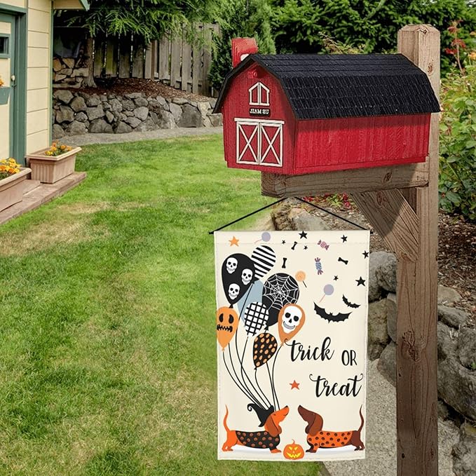 Dachshund Bat Skull Dog Halloween Garden Flag Welcome Party Outdoor Outside Decorations Picks Home House Garden Yard Decor 12x18 Inch