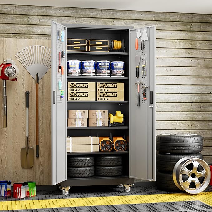 71"H×32"W×16"D Rolling Tool Storage Cabinet with 5 Adjustable Shelves and Pegboard,Metal Garage Storage Cabinet with Wheels for Garage Home Office Utility Room,Required Assembly, Black and Dark Grey