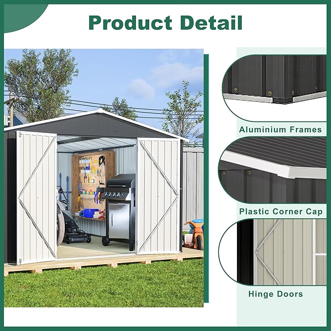 Outdoor Storage Shed, 10x12 FT Galvanized Steel Metal Shed, Lockable Waterproof Tool Storage Sheds for Garden, Patio, Lawn – Durable Storage Solution in Multiple Sizes