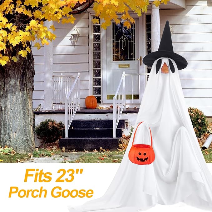 4 Pcs Halloween Porch Goose Outfits Ghost with Accessories Yard Garden Lawn Goose Clothes for Plastic Cement Goose Statue 23" Fall Ghost Porch Goose Costume Set for Patio Outdoor Decoration