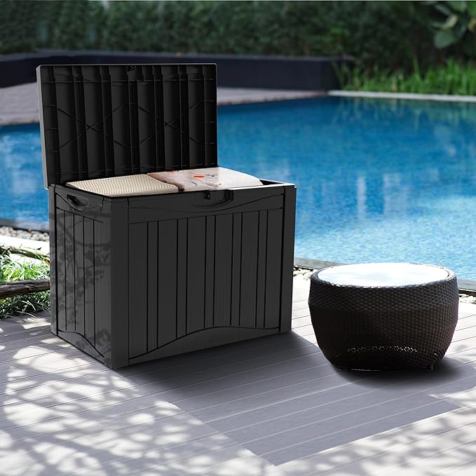 50 Gallon Waterproof Large Resin Deck Box Indoor/Outdoor Lockable Storage Container and Seating for Garden, Pool, and Patio (50 Gallon,Black)
