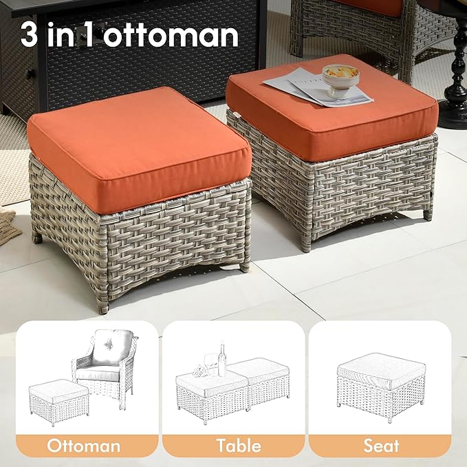 6 Pieces Patio Outdoor Furniture Set,All Weather Wicker Rattan Patio Seating Sofa and Chair Set w/Ottoman and Glowing Coffee Table,Outdoor Conversation Sets for Deck Yard Garden,Red