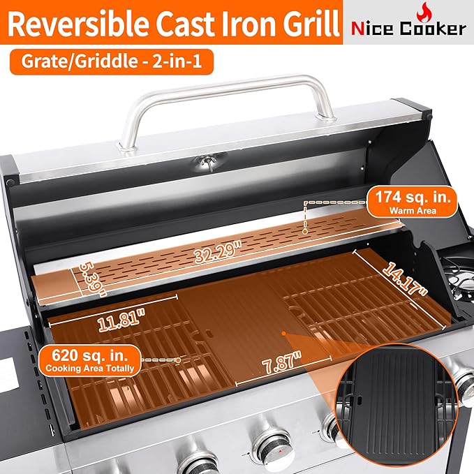 6-Burner Propane Gas BBQ Grill with Side Burner - 65850 BTU Total Output Stainless Steel Grills with Enameled Cast Iron Grill for Outdoor Backyard Barbecue, 620 SQ. IN. Cooking Area