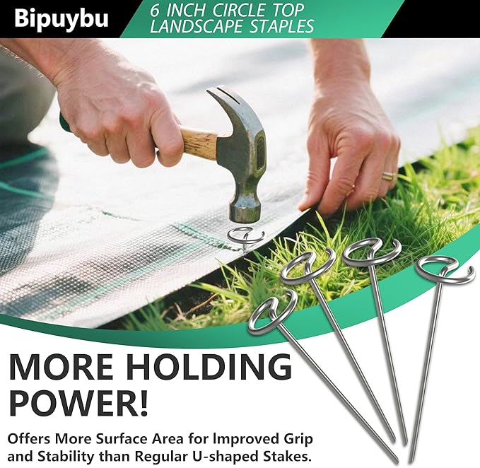 60 Pcs Landscape Staples - Landscape Fabric Pins - 6 Inch Galvanized Steel Garden Stakes, G-Shape Circle Top Ground Anchor Pins, for Weed Barrier, Landscape Fabric, and Garden Projects