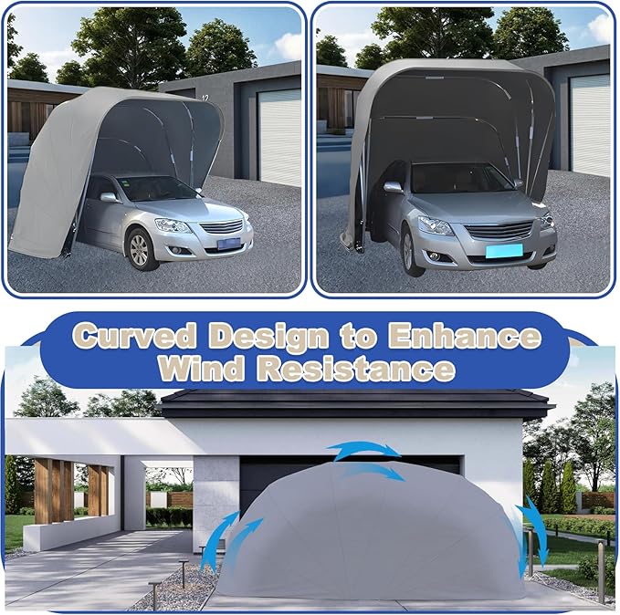 Stainless Steel Grey Carport, Heavy Duty Retractable Car Awning, Foldable Semi-Automatic Durable Shelter, Windproof and Snow-Proof, 600D Heavyweight Oxford Cloth, for Outdoor