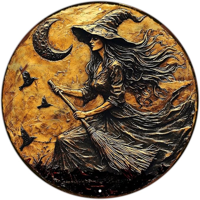 PEACHGARDEN Round 2D Halloween Witch Broom Vintage Sign Halloween Witch Metal Tin Sign for Home Bar Kitchen Hotel Dining Room Coffee 8x8inch