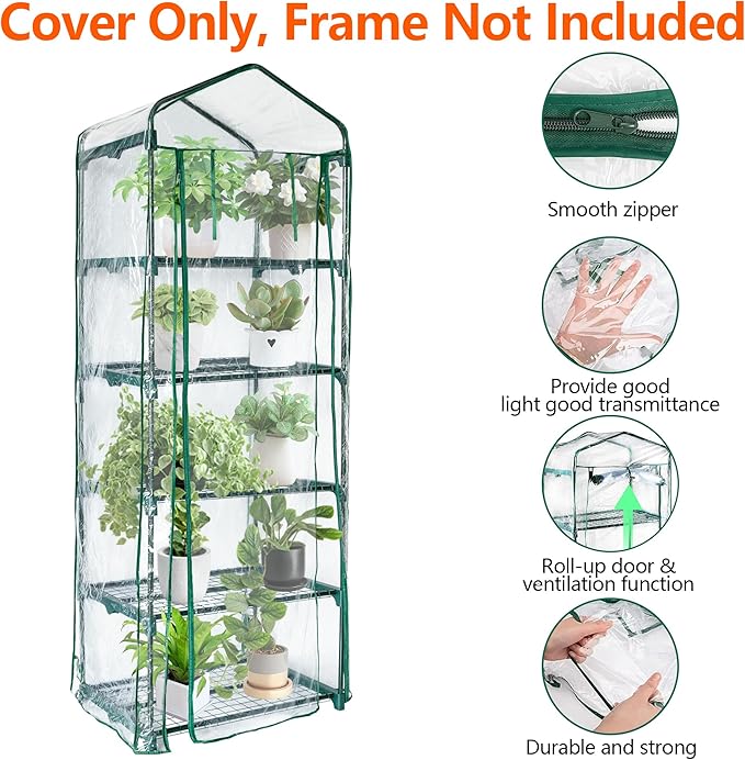 5 Tier Roll-Up Zipper Door Greenhouse Replacement Cover- 75 x 27 x 19 Inch Clear PVC Plant Greenhouse Cover for Gardening Plants Cold Frost Protection Wind Rain Proof (Frame NOT Include)