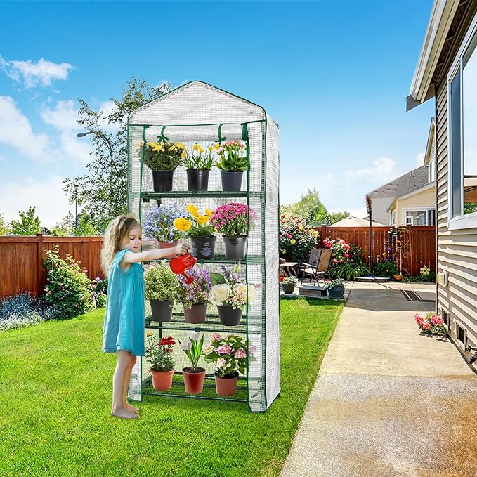 EAGLE PEAK Mini Greenhouse with Wire Shelves, Portable Indoor & Outdoor Green House with Roll-Up Zipper Door, 4 Tier, 27.2"x19.3"x64.2", Clear/White PE Cover