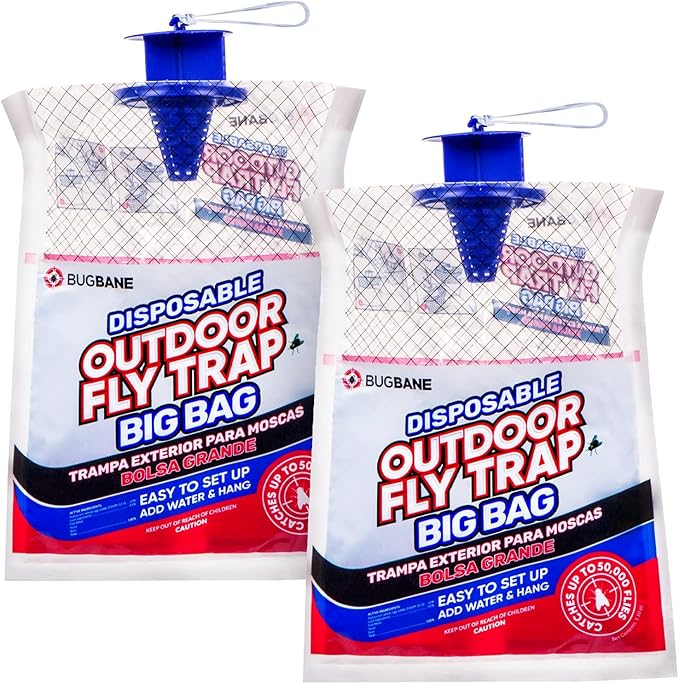 Fly Traps Outdoor Fly Trap for Patio. 2 Large Non-Toxic Pre-Baited Flies Bags Outdoor Disposable. Big Hanging Bug Catchers for All Filth Flies Killer for Outside Bug Control in Yard Horse Ranch