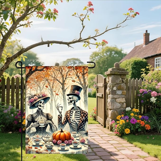 IVN Day of the Dead Garden Flag Skeleton Couple in Festive Attire with Pumpkin and Marigolds Outdoor Yard Patio Holiday Decor Backdrop 12x18 Inch Polyester For Girls or boys gifts Gardens Flags