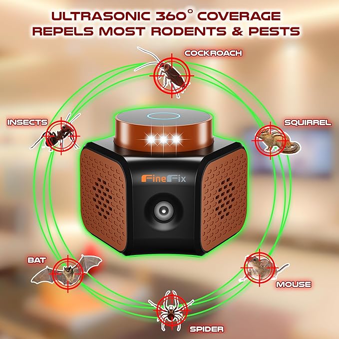 FineFix 360 Plug in Mouse Deterrent Ultrasonic Pest Repeller 4-Modes Best Thing to get rid of mice Repellent Indoor Mouseblocker for House Attic Garage Warehouse Rvs repelente ultrasonico de plagas