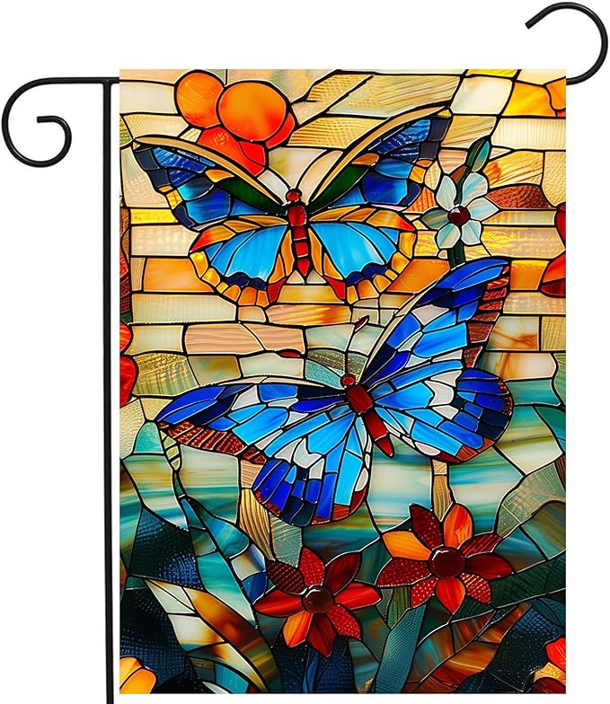 Stained Glass Butterfly Garden Flag Spring Summer Yard Flag Fall Floral Decorative Flags for Outside 12x18 Double Sided Small Seasonal Lawn Flags Rustic Outdoor Decor