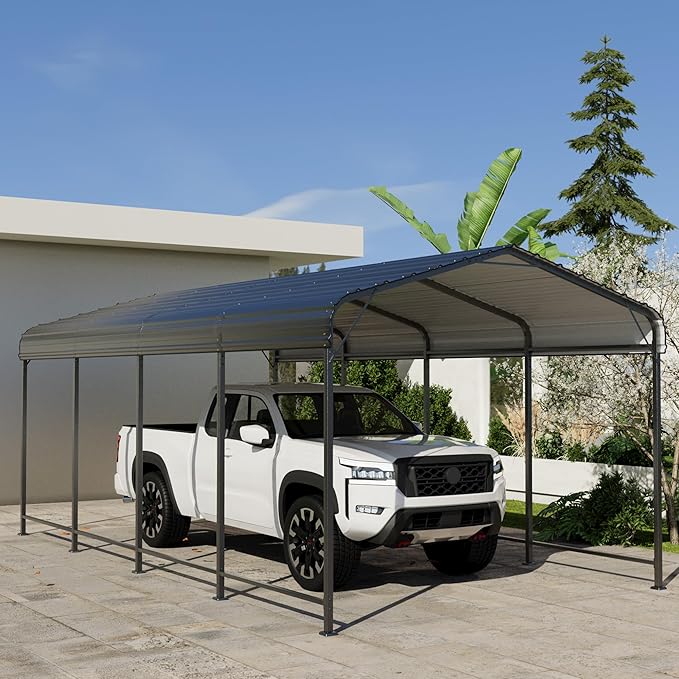 SUNBURY 10x20 FT Carport, Heavy Duty Car Port Canopy with Galvanized Steel Roof, Outdoor Garage Car Shelter Shade with Heavier Metal Frame, for Car, Boat, Pickup and Tractors, Grey