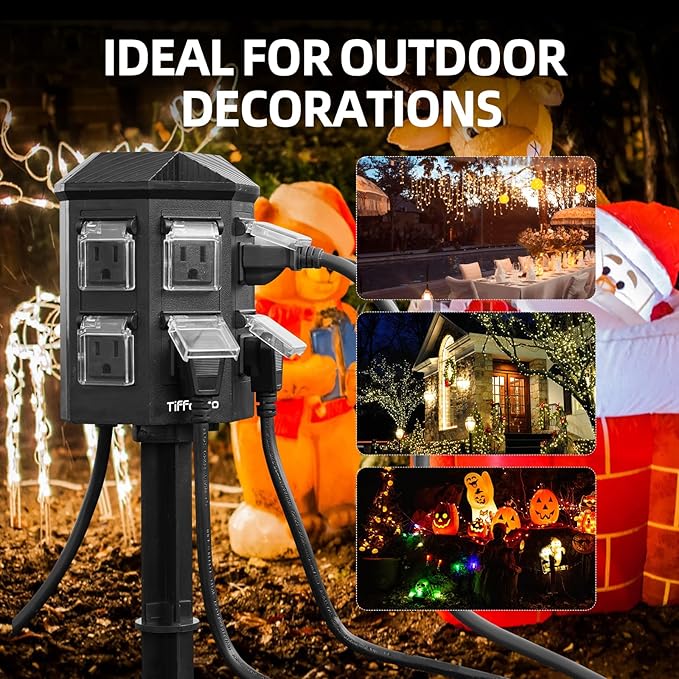TiFFCOFiO Outdoor Power Strip Weatherproof, 25 FT Extension Cord with Stake, 6 Grounded Outlets for Halloween/Christmas Decorations and Inflatables, 15A/1875W, ETL Listed