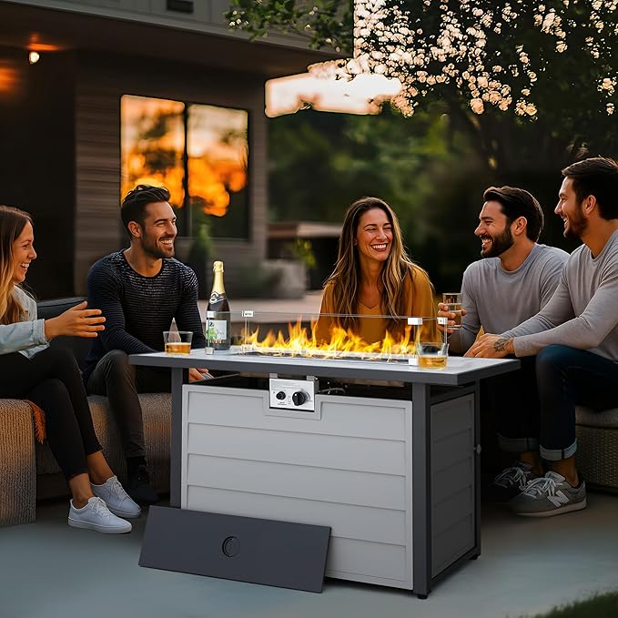 Nuu Garden 43'' Patio Propane Fire Pit Table, 50,000 BTU Gas Fire Pit with Marble-Textured Glass Top, Wind Guard, Lid, Glass Beads, CSA-Certified, 2-in-1 Outdoor Table for Gatherings, Ivory White