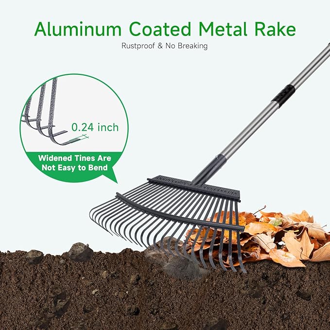 Rake for Leaves Heavy Duty 72 Inch Long Expandable Leaf Rake, 18 Inch Wide Garden Rakes with 25 Reinforced Tines and Stainless Steel Handle for Lawn, Yard, Leaf Cleanup