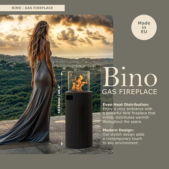 Planika BINO Outdoor Gas Fireplace - Black Fire Column with Glass Shield for Patio or Gardens (Outdoor Cover Incl)