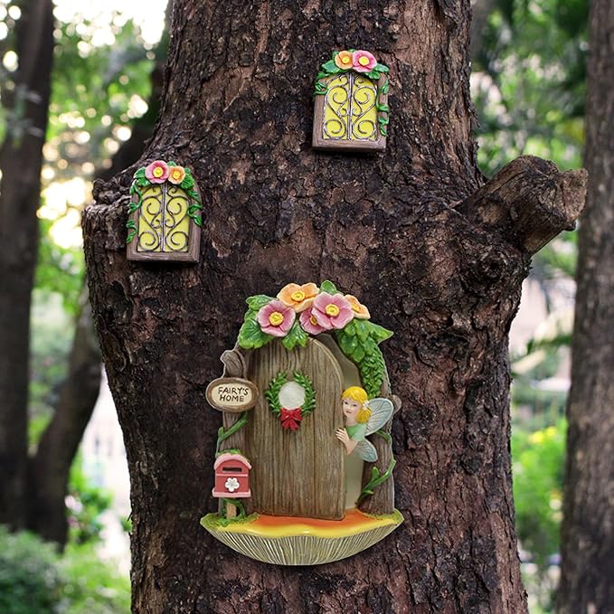 Fairy Door and Windows Garden Kit Accessories Outdoor, Glow in Dark Gnome House for Tree, Lawn Yard Art Sculpture, Miniature Garden Decor (Fairy)