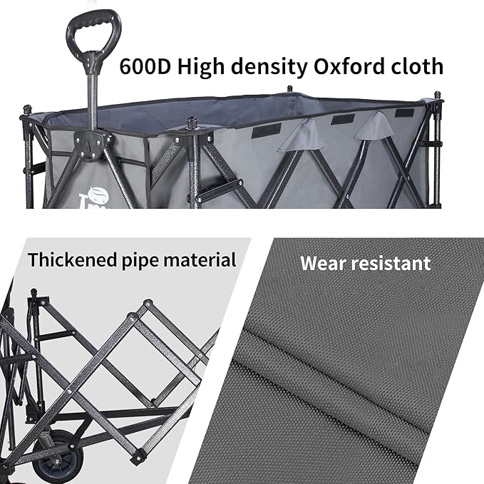 TMZ Collapsible Wagon 445L Extra Large Outdoor Utility Cart, Heavy Duty Carts Foldable with All-Terrain Big Wheels, Canopy and Brakes, Utility Beach Wagon for Outdoor Garden (Gray)