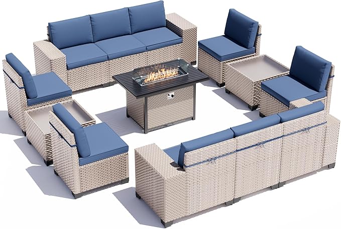 13 Pieces Patio Furniture Set with Fire Pit Table, Outdoor Sectional Wicker Sofa with Thickened Cushions and Coffee Table, High Back Rattan Patio Conversation Sets, Navy