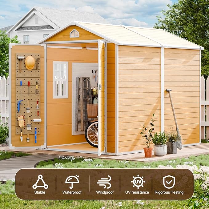 8x6 FT Resin Storage Shed, Waterproof Outdoor Shed w/Floor Included, 2 Windows, Double Lockable Doors & Vents,Outside Plastic Tool Sheds for Garden, Lawn, Backyard, Wood-Grain Brown