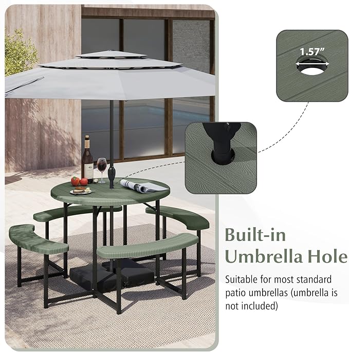 Giantex Picnic Table Bench Set for 4-8 Person, Round 37” Outdoor Dining Table w/Umbrella Hole, HDPE Tabletop, Metal Frame, Patio Furniture Set for Backyard Porch Lawn, 1400lb Capacity (Green,Round)