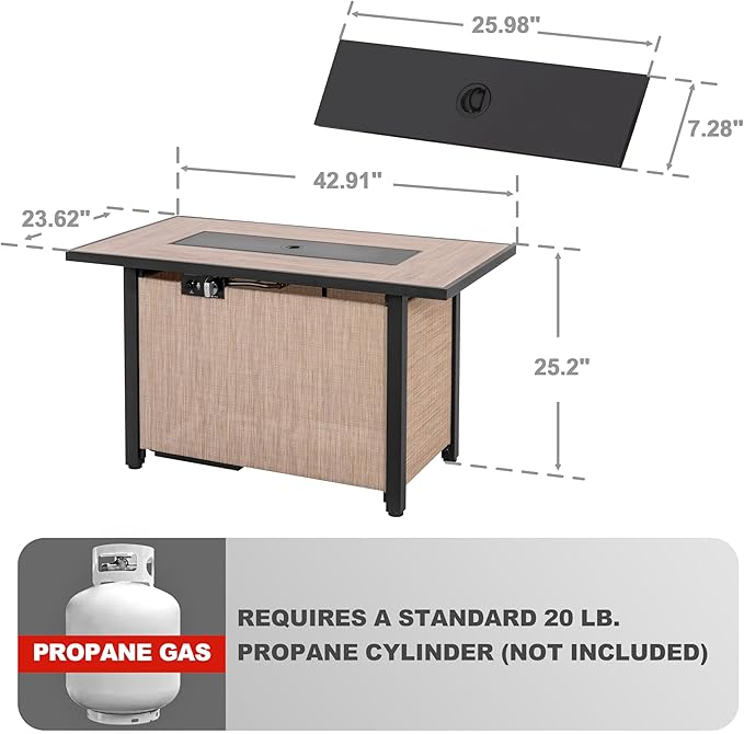 Nuu Garden 43" Propane Fire Pit Table, CSA-Listed Outdoor 50,000 BTU Gas with Lid and Glass Beads, 2-in-1 Rectangular for Outside Backyard Patio, Light Brown