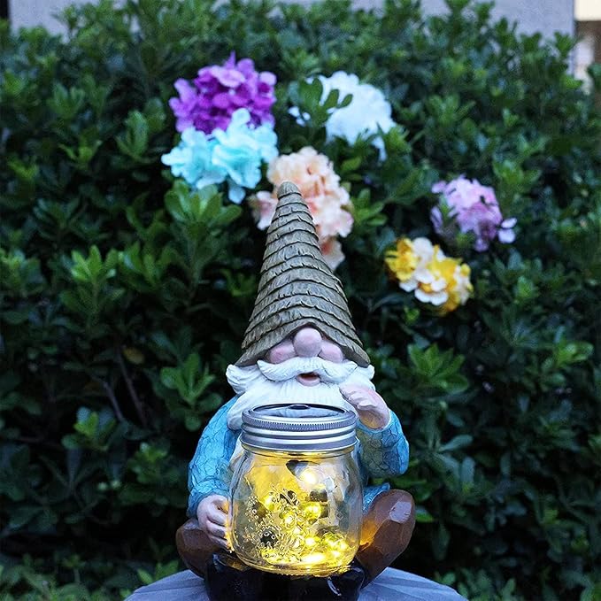 Solar Firefly Jar Gnome Waterproof- Halloween Large Garden Gnome Funny Solar Outdoor LED Lights Resin Statues 10.6" Lantern Figurines Decorations Birthday Gifts for Mom Women-Housewarming Gifts