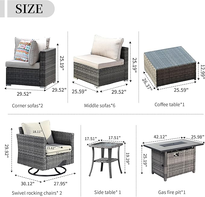 HOOOWOOO 13 Piece Patio Sectional Furniture Set with Fire Pit Table,Modern Wicker Outdoor Conversation Sofa Sets,All Weather Modular L Shaped Outside Couch Swivel Chair(Beige Sand)