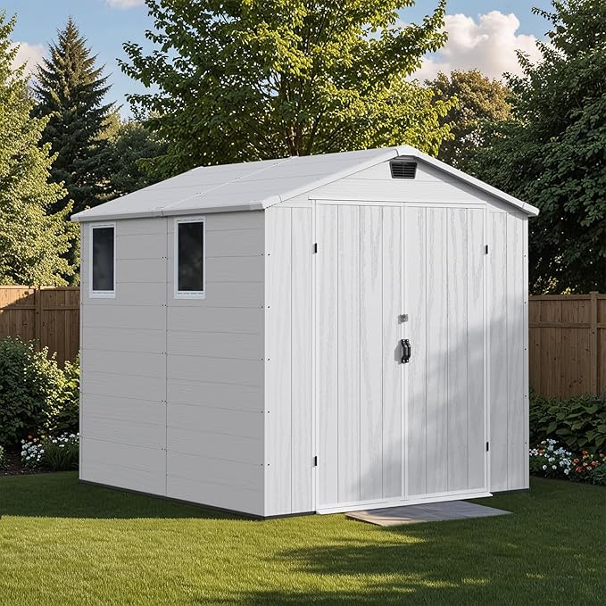 Patiowell 6 x 8 FT Outdoor Storage Shed with Floor - Resin Tool Shed with Lockable Door & 2 Windows, Easy Assembly for Garden, Backyard, Lawn Equipment, Light Gray