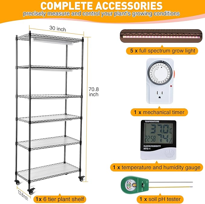 Meonum Plant Shelf with Grow Lights, 6 Tier DIY Metal Grow Rack with 90W LED Growing Lamps for Seed Starting, Indoor Greenhouse with Cover, Mechanical Timer, Thermometer, pH Meter, PP Waterproof Pads