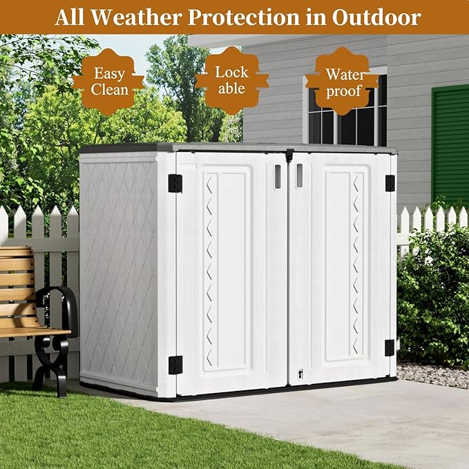 ZZM 4x3FT Heavy-Duty Outdoor Storage Shed | 34 Cu.Ft Waterproof Resin Cabinet with Double-Wall | UV-Resistant & Lockable for Garden Tools, Bikes, Patio Furniture (Wood Grain Texture)