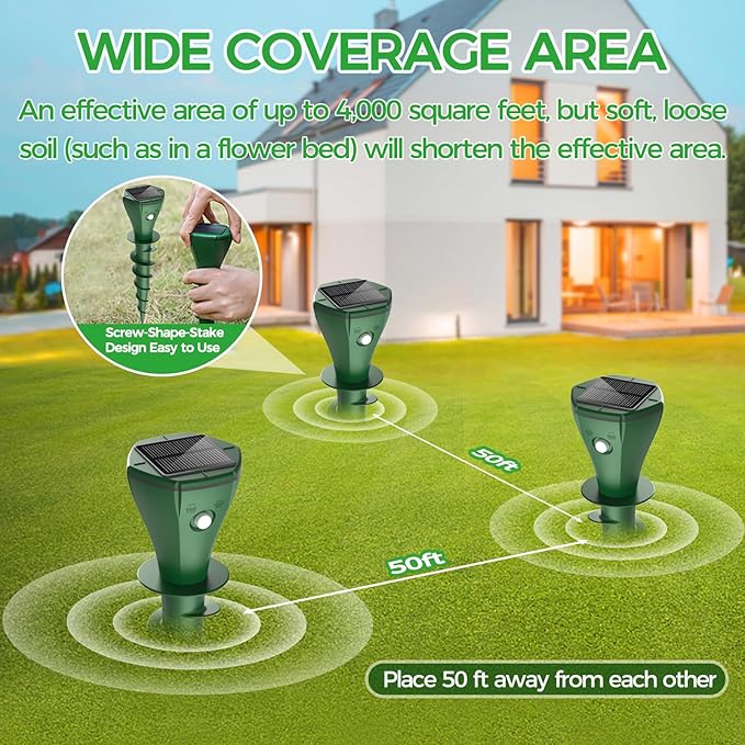Mole Repellent Solar Powered, 4 Pack Solar Powered Mole Repellent, Groundhog Repellent for Outside, IP65 Waterproof Ultrasonic Vole Repeller Outdoor, Mole, Skunk Deterrent for Yard, Lawns, Garden