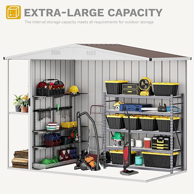 DWVO Outdoor Storage Shed 8x4FT with Rack, Metal Garden Shed with Storage Shelves, Bike Storage Tool Cabinet Box for Lawn Backyard Patio Use, Brown