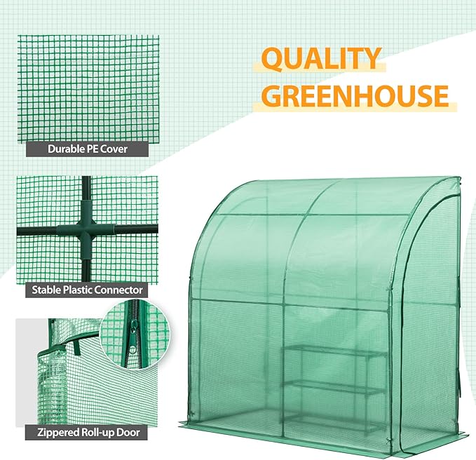 EAGLE PEAK 3 Tier Lean to Portable Greenhouse, Heavy-Duty Indoor & Outdoor Garden with Wire Shelves, 2 Roll-Up Zipper Doors, Easy Assembly, 79"x39"x83" Clear/Green PE Cover