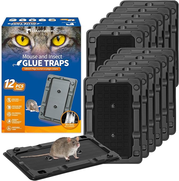 LULUCATCH Mouse Traps, 12 Pack Sticky Mouse Traps Indoor for Home, Pre-Baited Non-Toxic Bulk Glue Traps for Rats, Mice, Mole, Lizards, Pet Safe Pest Control for Home & Garage