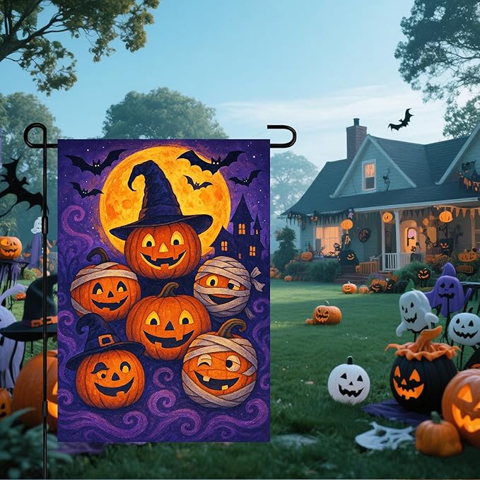 IVN Spooky Halloween Garden Flag 12x18 Inch Double Sided Witch Hat Pumpkin Jack O’ Lantern Trick or Treat Outdoor Fall Yard Flag for Outside Home Front Door Lawn Porch Patio Welcome Decor