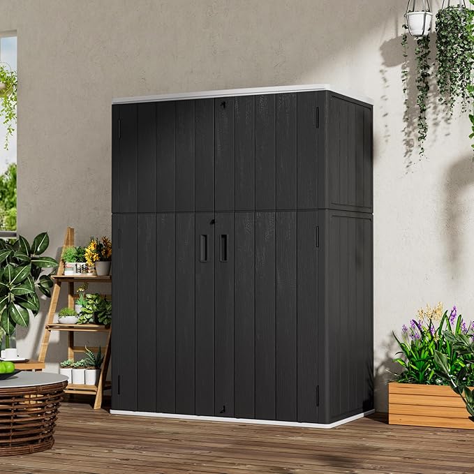 Vertical Outdoor Storage Cabinets, Plastic Sheds&Outdoor Storage with Floor,Outdoor Storage Box Waterproof/Lockable for Garage,Bike,Tools Storage Shed (57Cu.ft-Black White)