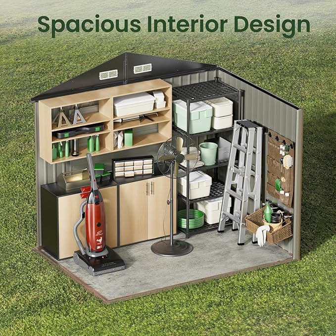 GVDV 8x6 FT Outdoor Metal Storage Shed, 7.3x5.3 FT Base Durable Garden Shed with Updated Frame Structure for Backyard, Patio, Tool Storage, All-Weather Shelter for Bike, Gardening Tools, No Floor